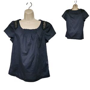 J Crew Womens Pleated Front Short Sleeve Lace Shirt/Blouse Size Small Blue